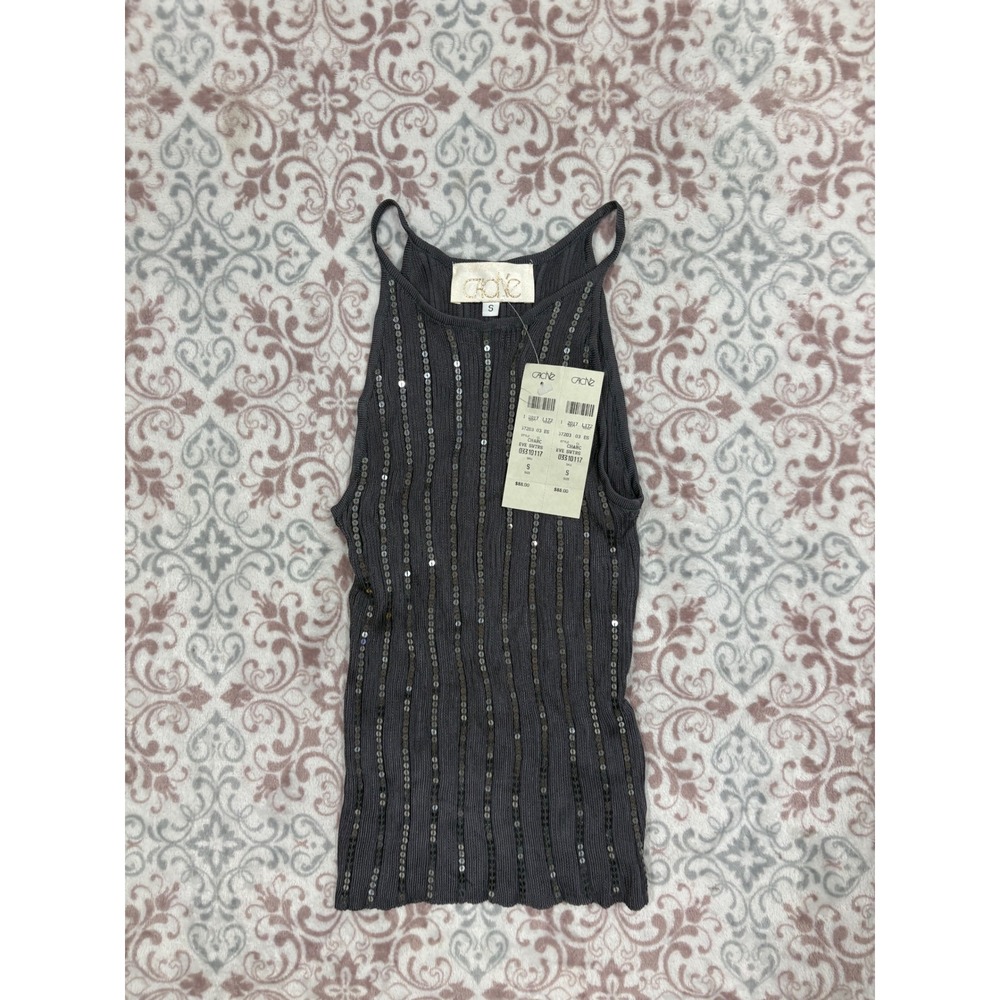 Cache Womens Charcoal Gray Sequin Ribbed Knit Sleeveless Tank Top S 37203-03-ES